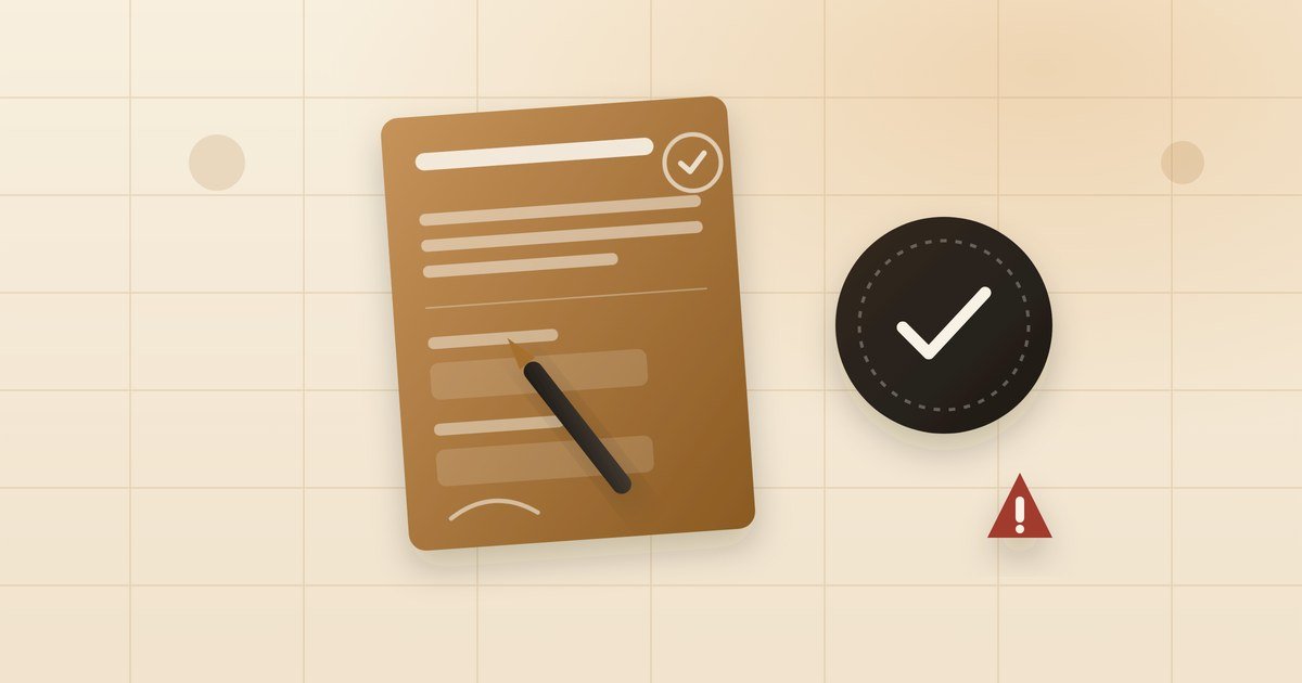 Illustration of a construction registration form being signed next to a checkmark badge, with a warning triangle representing the cost of not registering